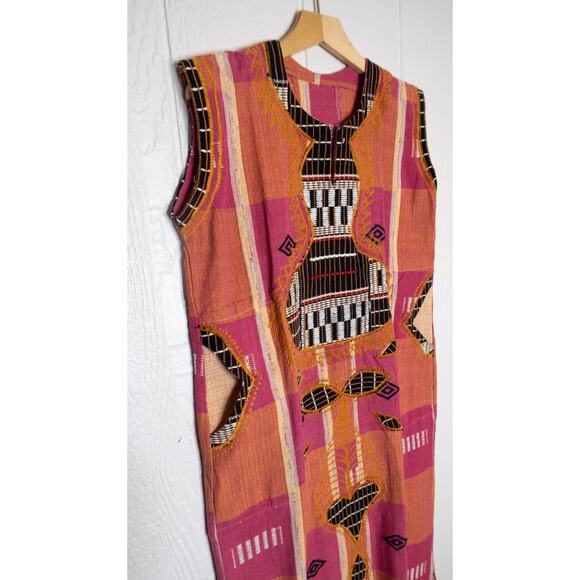 VINTAGE '70s Hand Woven Embroidered Pink & Orange Kaftan Tunic Dress ONE SIZE - Picture 11 of 16